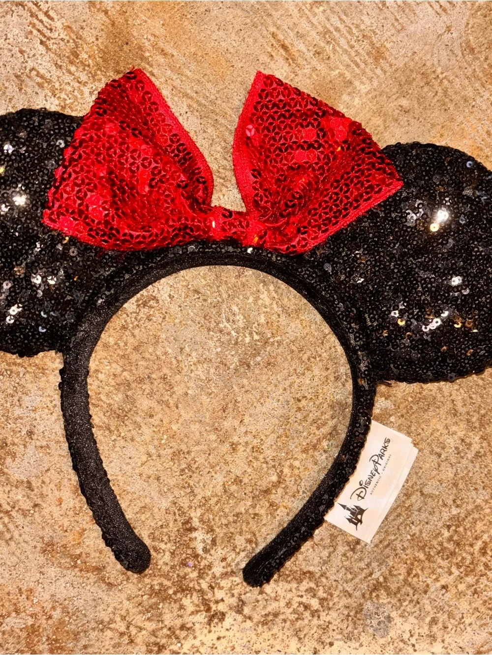 Disney Parks Black Sequin Minnie Mouse Ears Headband with Red Bow Accent